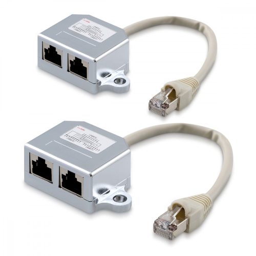 Zestaw 2 rozdzielaczy kabli sieciowych T RJ45 na 2 porty LAN RJ45, Kwmobile, Srebrny, Metal, 40679