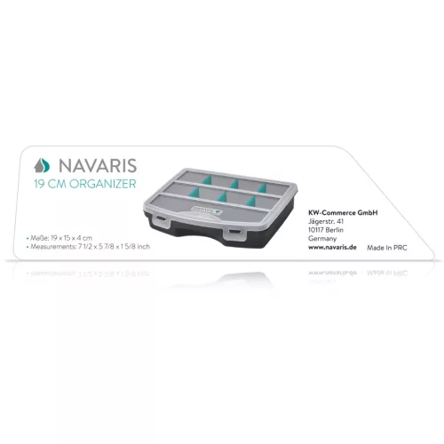Organizator piese mici Navaris, 19x15x4 cm, separatoare reglabile, 4 cleme, transparent, plastic