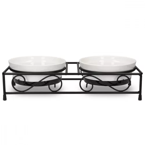 Zestaw 2 misek ceramicznych Navaris dla psów i kotów z metalowym wspornikiem, 320 ml, 46947.1
