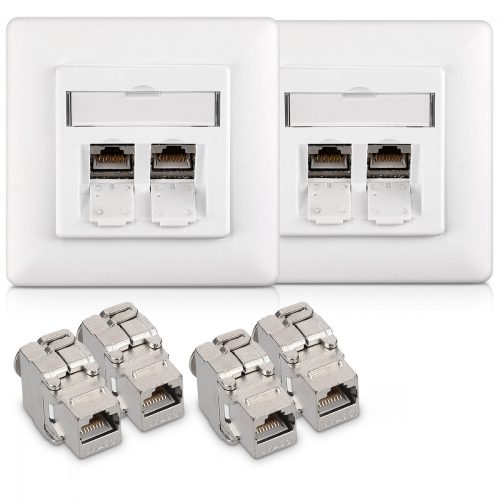 Zestaw 2 podwójnych gniazd sieciowych RJ45 z 4 wtyczkami CAT 6A, Kwmobile, Biały, Metal, 45360.02