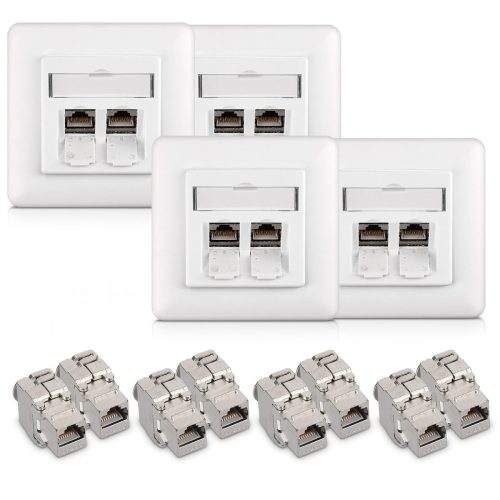 Zestaw 4 podwójnych gniazd sieciowych RJ45 10G z 8 wtyczkami CAT 6A, Kwmobile, Biały, Metal, 45360.03