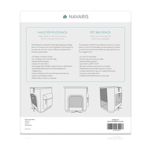 Rucsac transport animale Navaris, 41x34.5x43 cm, pentru caini/pisici pana la 12 kg, gri, 47550.37