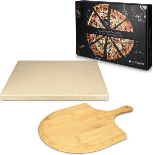 Zestaw Kamień do Pizzy 30 x 38 cm i Łopatka Bambusowa do Pizzy, Beżowy, Navaris, 48593.01