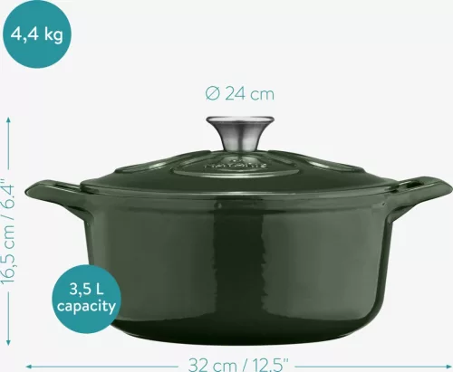 Nieprzywierający garnek żeliwny Navaris na kuchenki/piekarniki - 24 cm - 3,5 l - ciemnozielony, 48777.01.80