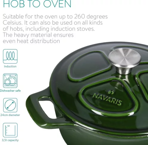 Nieprzywierający garnek żeliwny Navaris na kuchenki/piekarniki - 24 cm - 3,5 l - ciemnozielony, 48777.01.80