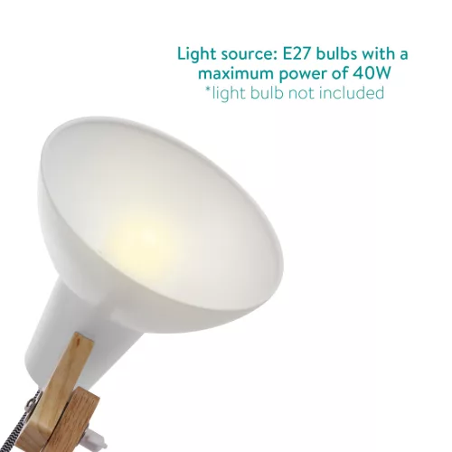 Lampa de masa Navaris, birou din lemn, 38 cm, design minimalist, alba, lumina ambientala, alb, lemn