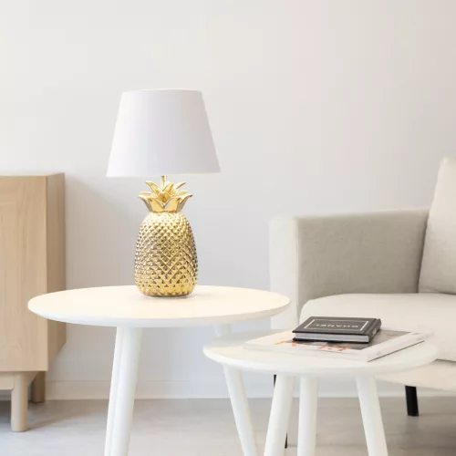 Lampa de masa Navaris, design ananas, 40 cm, gold/white, ceramica si metal, alb/auriu, ceramica/metal