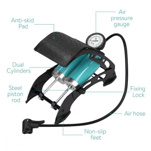 Pompka nożna z podwójnym cylindrem i manometrem Navaris, 101 PSI, 3 adaptery, 50238.01