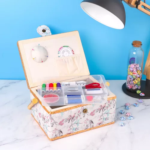 Zestaw drewnianych pudełek do szycia Navaris i 36 akcesoriów, 24,5 x 17,5 x 12,5 cm, 49047.02