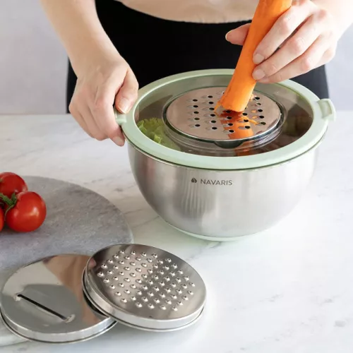 Zestaw 2 wielofunkcyjnych metalowych misek z pokrywką Navaris, 20 cm i 24 cm, 3 tarki, antypoślizgowe, stal nierdzewna, srebrny/zielony, 49210.02.71