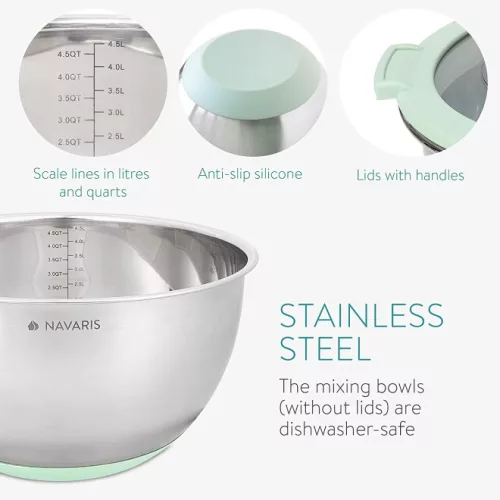 Zestaw 2 wielofunkcyjnych metalowych misek z pokrywką Navaris, 20 cm i 24 cm, 3 tarki, antypoślizgowe, stal nierdzewna, srebrny/zielony, 49210.02.71