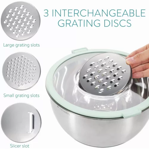 Zestaw 2 wielofunkcyjnych metalowych misek z pokrywką Navaris, 20 cm i 24 cm, 3 tarki, antypoślizgowe, stal nierdzewna, srebrny/zielony, 49210.02.71