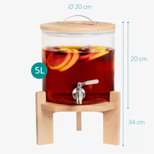 Szklany dozownik napojów Navaris z kranem i stojakiem, 5 l, brązowy, 46785.04