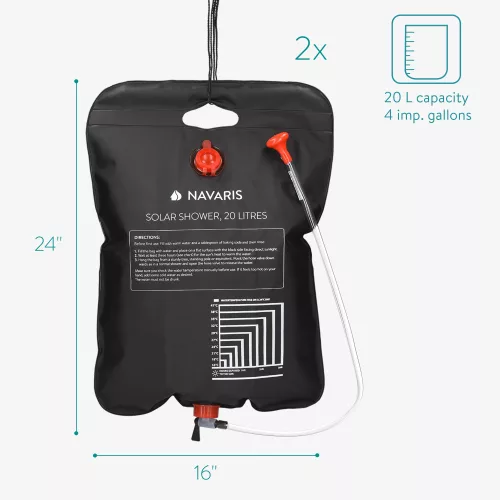 Zestaw 2 x solarny prysznic kempingowy Navaris z wężem i kranem, 20 l, czarny, 45686.03.01