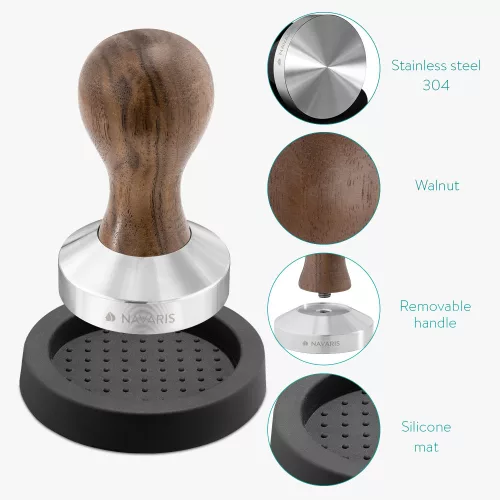 Tamper ze stali nierdzewnej Navaris z rączką z orzecha włoskiego, 58 mm, Covoras, 51802.01.30