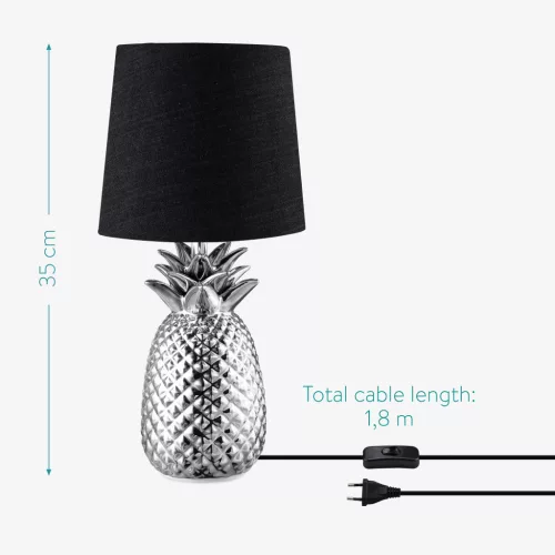 Lampa de masa Navaris, design ananas, 35 cm, abajur opac, E27, negru/argintiu, ceramica/metal