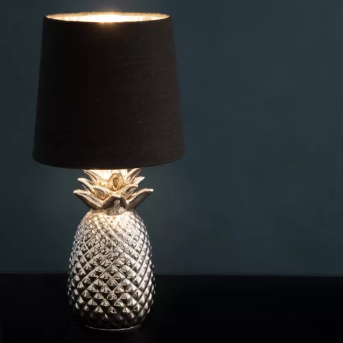 Lampa de masa Navaris, design ananas, 35 cm, abajur opac, E27, negru/argintiu, ceramica/metal