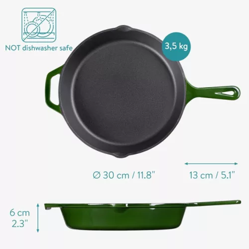 Głęboka patelnia żeliwna z rączką Navaris - 30 cm, ciemna zieleń, 53784.02