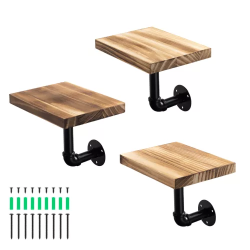 Set 3 rafturi decorative Navaris, 20x15x2 cm, montaj perete, maro burnt, maro, metal/lemn