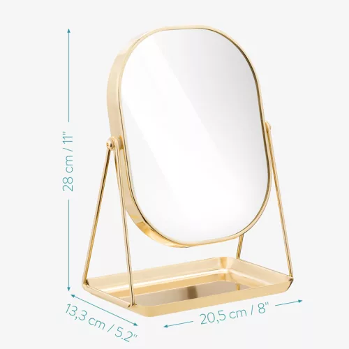 Oglinda cosmetica Navaris cu tava pentru bijuterii, 20.5x13.3x28 cm, roz/auriu, sticla/metal