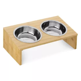   Zestaw 2 misek dla kotów i psów z bambusową podstawką Navaris, 400 ml, Brązowy, 54489.01