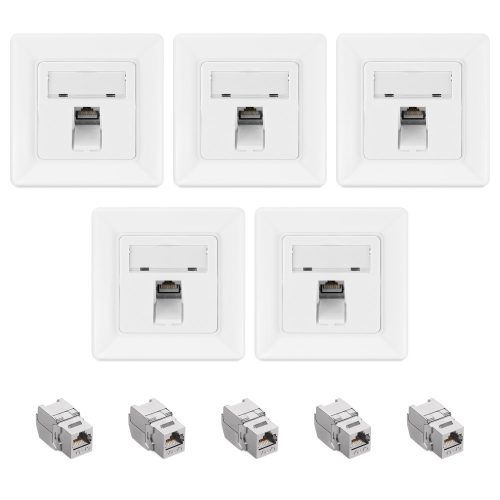 Zestaw 5 ekranowanych gniazd sieciowych RJ45 z 5 wtyczkami CAT 6A, Kwmobile, Biały, Metal, 54571.01.05