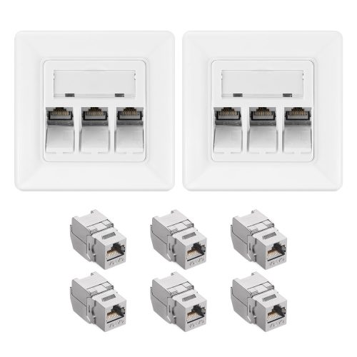Zestaw 2 potrójnych gniazd sieciowych RJ45 z 4 wtyczkami CAT 6A, Kwmobile, Biały, Metal, 54571.03.02