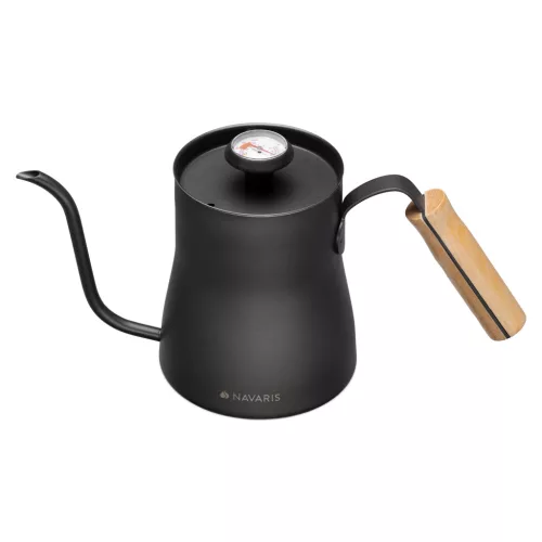 Fierbator cafea Navaris pour-over, 1000 ml, termometru integrat, argintiu, lemn/otel inoxidabil