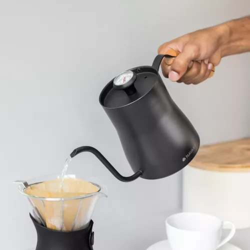Fierbator cafea Navaris pour-over, 1000 ml, termometru integrat, argintiu, lemn/otel inoxidabil