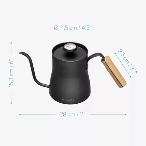 Fierbator cafea Navaris pour-over, 1000 ml, termometru integrat, argintiu, lemn/otel inoxidabil