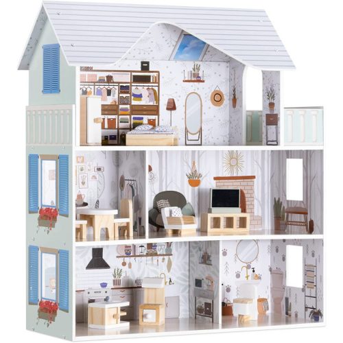 Domek dla lalek z drewna Navaris, 3 piętra, z meblami i akcesoriami, 5 pokoi i balkon, 69.5x62x27 cm, 55376.01