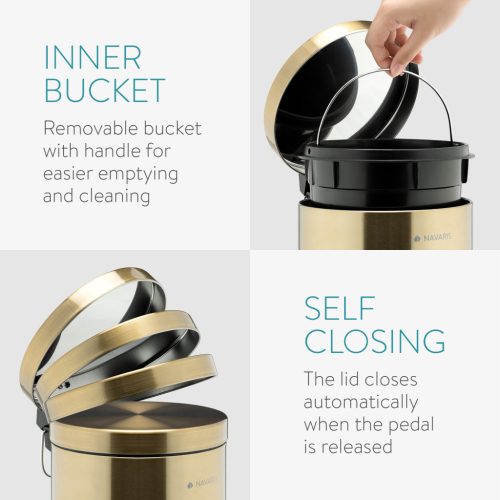 Cos gunoi baie Navaris, finisaj auriu si pedala, 5L, galeata interioara, elegant, auriu, otel