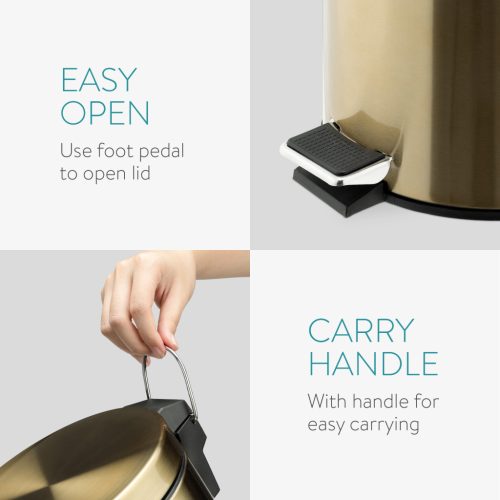 Cos gunoi baie Navaris, finisaj auriu si pedala, 5L, galeata interioara, elegant, auriu, otel