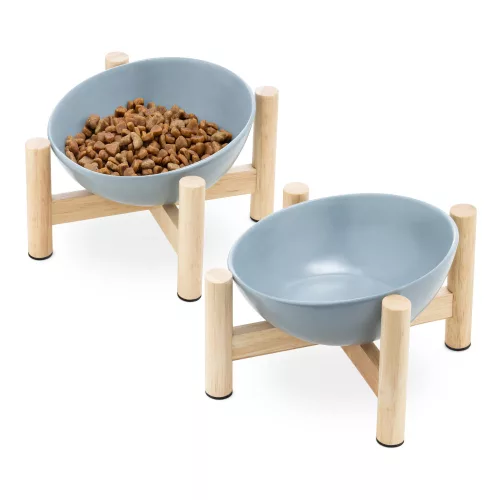 Zestaw 2 misek ceramicznych dla zwierząt Navaris z drewnianą podstawką, 300 ml, 56079.04