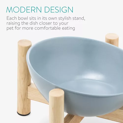 Zestaw 2 misek ceramicznych dla zwierząt Navaris z drewnianą podstawką, 300 ml, 56079.04