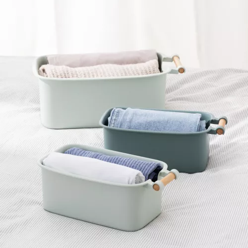 Set 4 cutii depozitare Navaris cu maner din lemn, 37, 8x21, 4x14 cm si 28, 5x16x10, 5 cm, maro, lemn