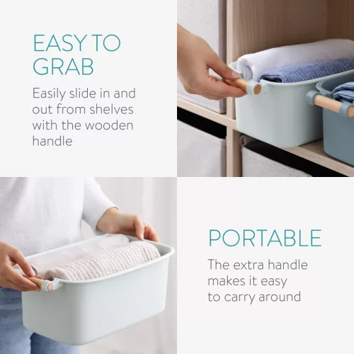 Set 4 cutii depozitare Navaris cu maner din lemn, 37, 8x21, 4x14 cm si 28, 5x16x10, 5 cm, maro, lemn