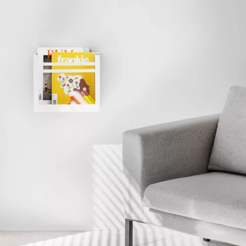 Suport reviste pe perete Navaris, 30x27x11 cm, capacitate 10 kg, alb, metal