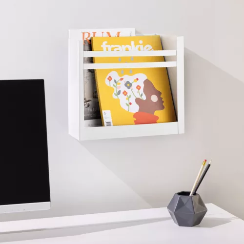 Suport reviste pe perete Navaris, 30x27x11 cm, capacitate 10 kg, alb, metal