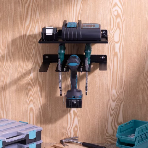 Suport cu raft scule electrice Navaris, 3 unelte, 31.5x22x4.5 cm, montaj perete/pegboard, negru, metal