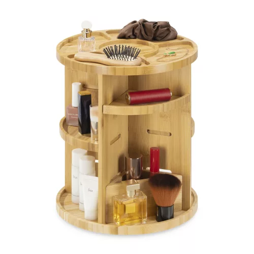 Organizator machiaj rotativ Navaris, 25x30.5 cm, 4 compartimente, 360, maro, bambus