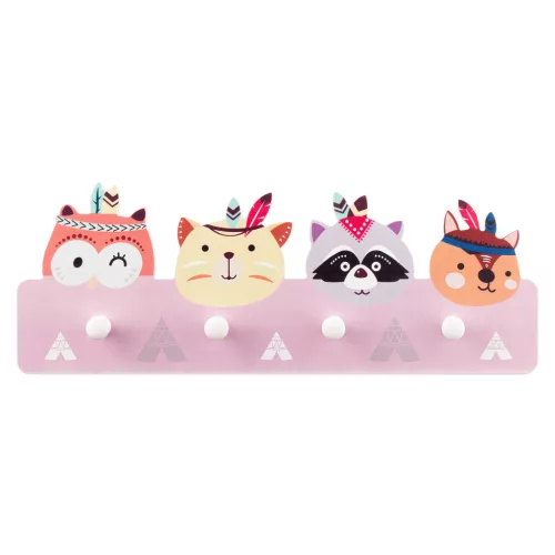 Cuier perete copii Navaris, 4 carlige, design animale, 40x14.8x0.9 cm, multicolor, lemn