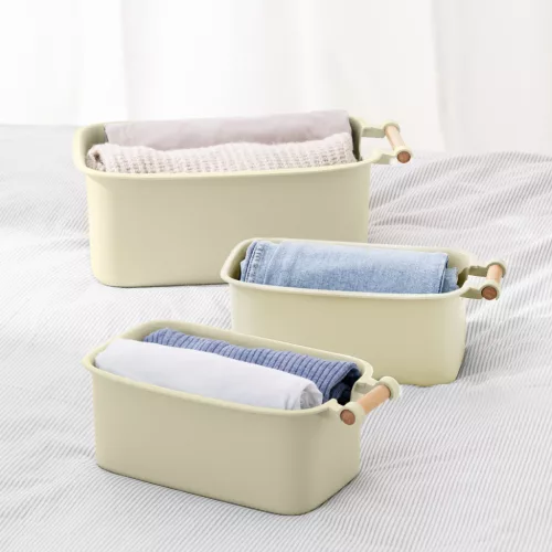 Set 4 cutii depozitare Navaris, cu maner din lemn, 37.8x21.4x14 cm si 28.5x16x10.5 cm, crem, lemn