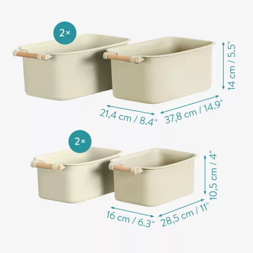 Set 4 cutii depozitare Navaris, cu maner din lemn, 37.8x21.4x14 cm si 28.5x16x10.5 cm, crem, lemn