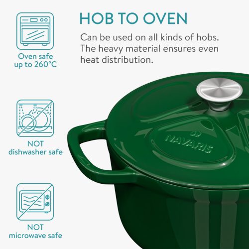 Garnek żeliwny Navaris, 20 cm, emaliowany, zielony, 2,5 L, z pokrywką, do piekarnika i na kuchenkę, 58000.01.80
