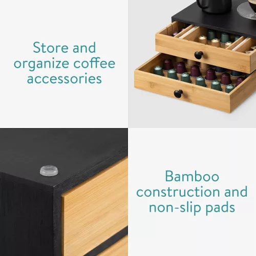 Stojak na kapsułki do kawy z bambusa Navaris z 2 szufladami, brązowy/czarny, 58292.01