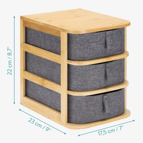 Organizator machiaj 3 niveluri Navaris, sertare textile, 23x17.5x22.5 cm, crem, bambus/textil