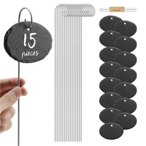 Set 15 Etichete din ardezie Navaris cu 15 Stalpi din metal si creta, 4x2,75 inch, 53850.04