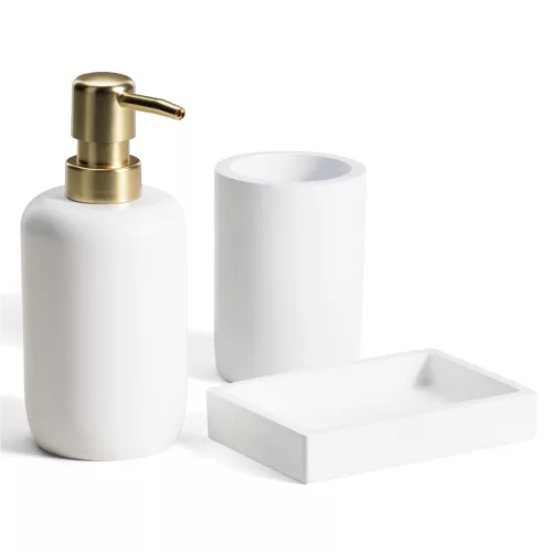 Set accesorii baie Navaris, 3 piese, suport periute, dozator si savoniera, polirasina, alb, rasina