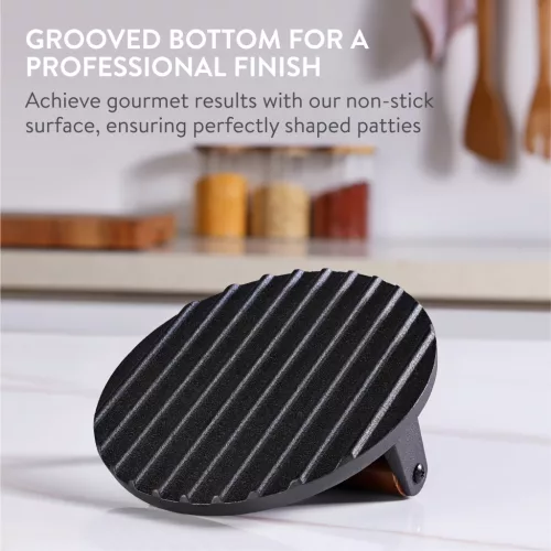Presa burger Navaris rotunda, 17.5x17.5x6.5 cm, maner din lemn, searing uniform, fonta, negru, lemn